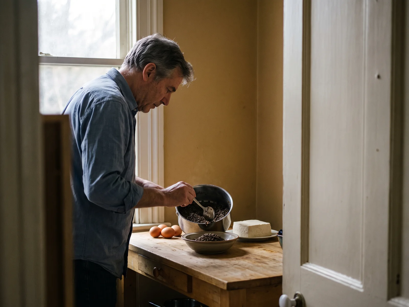 A man in his fifties, seen in profile at a wooden kitchen counter by a window, spoons lentils from a pot into a bowl beside eggs and a block of tofu.